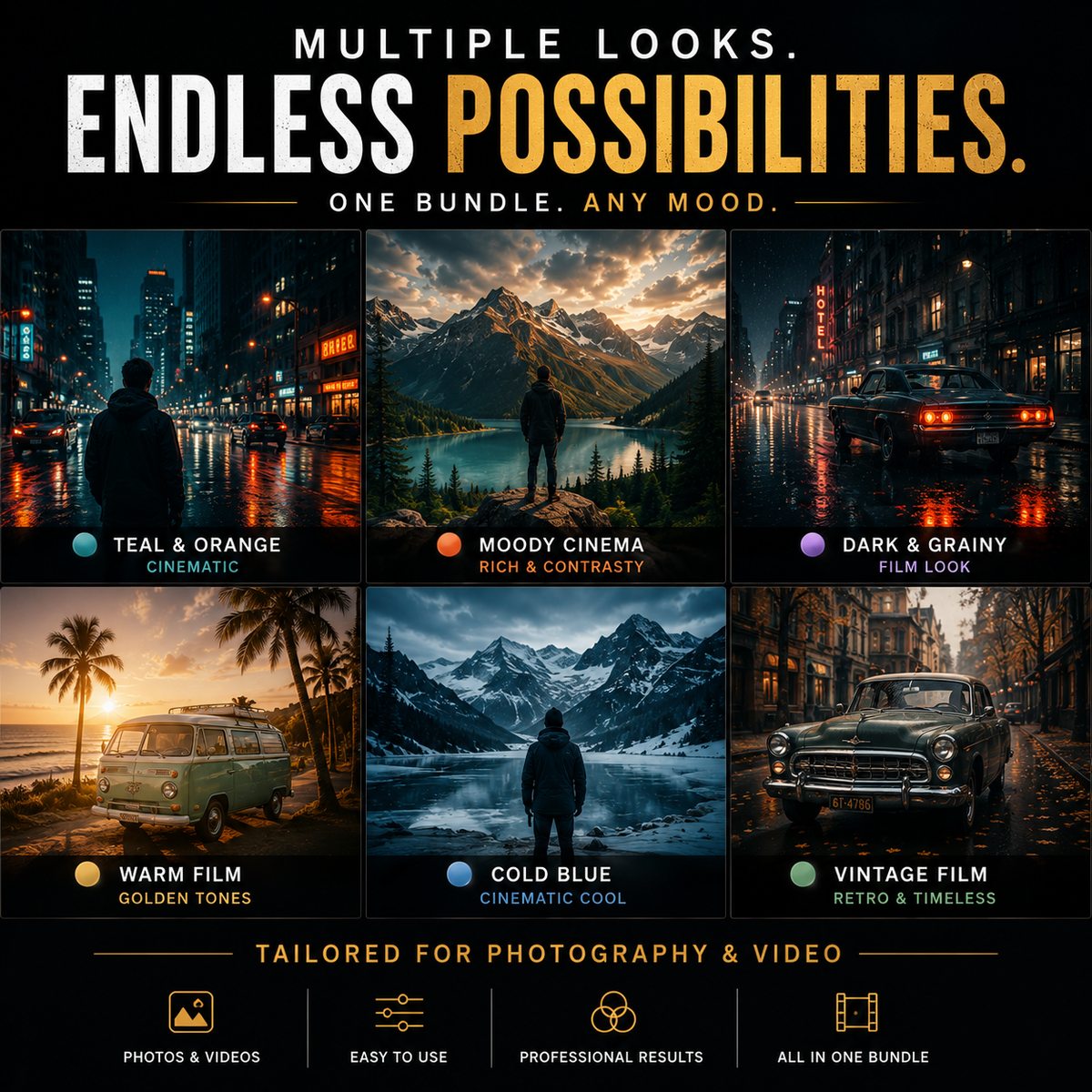 Promotional graphic for a photo and video editing bundle, featuring six example mood presets: teal and orange cinematic, moody cinema rich and contrasty, dark and grainy film look, warm film golden tones, cold blue cinematic cool, and vintage film retro and timeless. Text at the top reads 'Multiple looks.