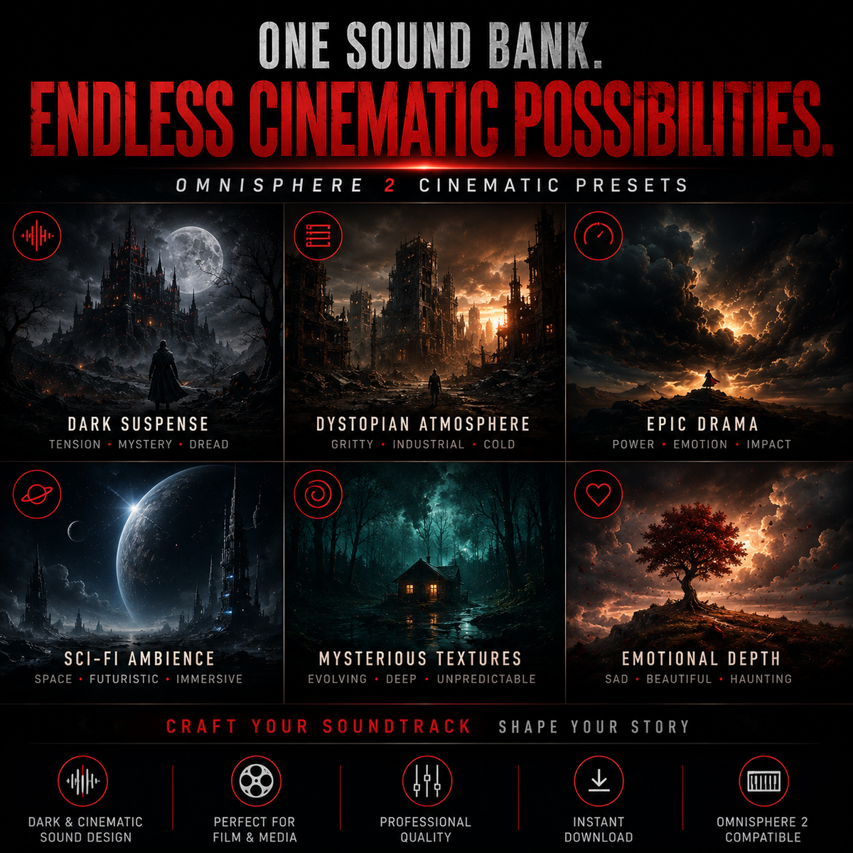 Promotional graphic for Omnisphere 2 cinematic presets, featuring six dark atmospheric scene thumbnails labeled Dark Suspense, Dystopian Atmosphere, Epic Drama, Sci-Fi Ambience, Mysterious Textures, and Emotional Depth, with bold red and white text at the top and bottom.