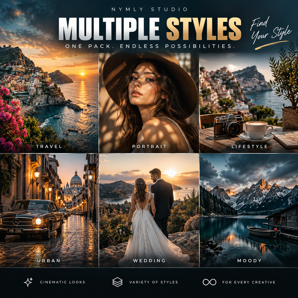 Promotional graphic for a photography style pack by Nymly Studio, featuring six sample images labeled Travel, Portrait, Lifestyle, Urban, Wedding, and Moody, with text reading 'Multiple Styles' and 'Find Your Style'.