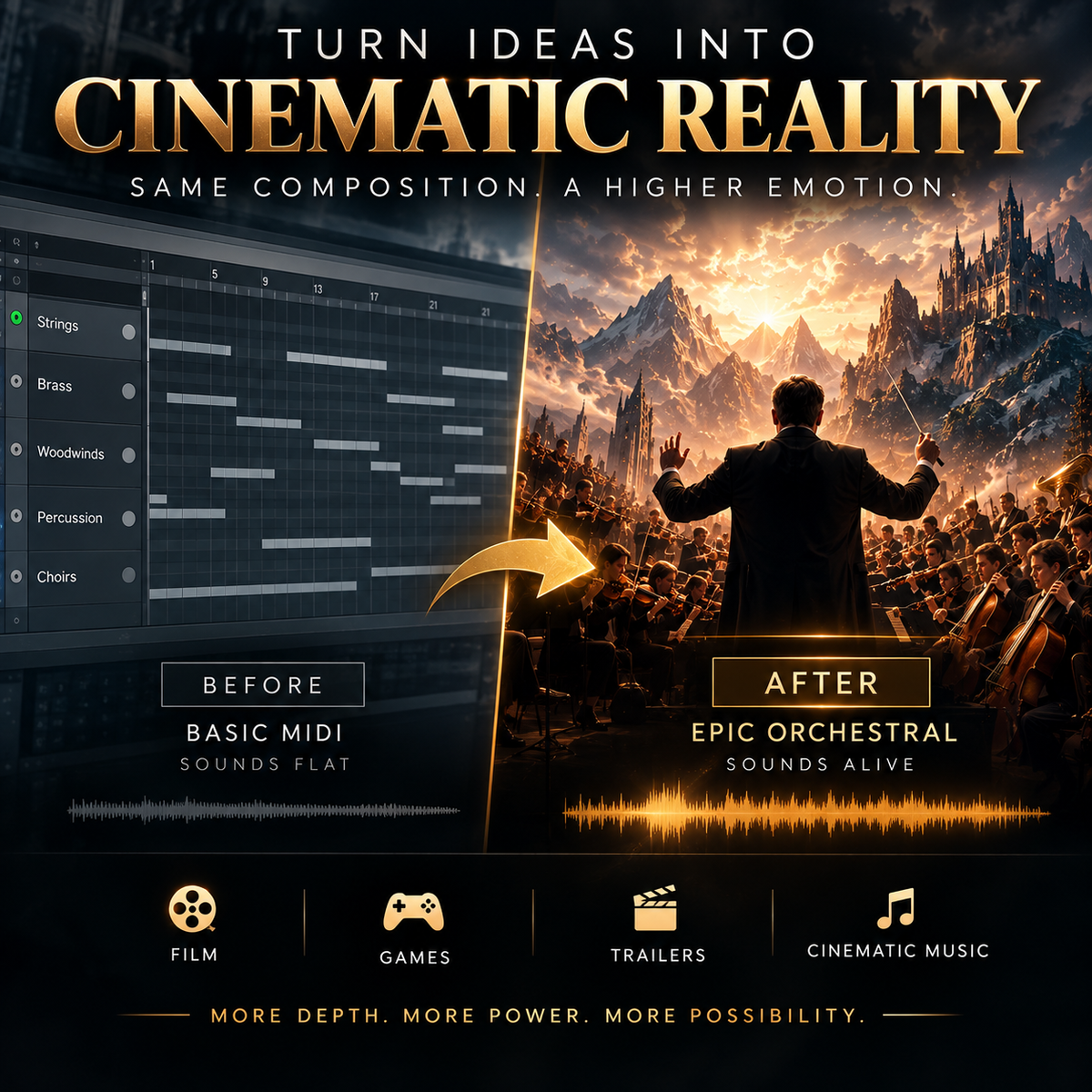 Promotional graphic for a music production software feature, showing a split screen. The left side labeled 'BEFORE' displays a dark MIDI editor interface with flat gray bars.