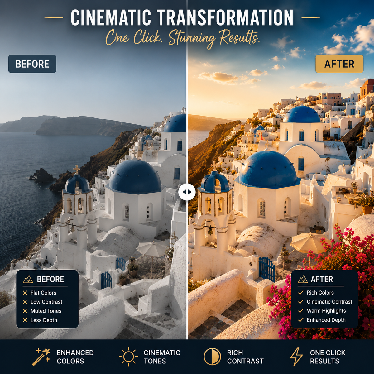 A promotional comparison graphic showing a coastal Santorini-style scene labeled BEFORE and AFTER cinematic color grading. The left side has flat, muted tones, and the right side is warm, high-contrast, golden, and dramatic.