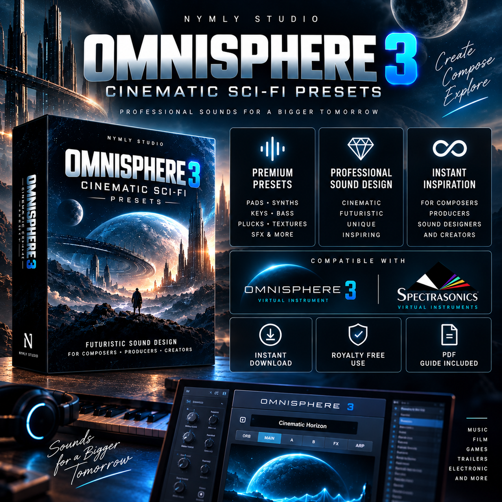 Promotional graphic for Omnisphere 3 cinematic sci-fi presets by Nymly Studio, showing a software preset pack box, feature callouts, compatibility with Omnisphere 3 and Spectracsons Virtual Instruments, and digital interface screenshots.