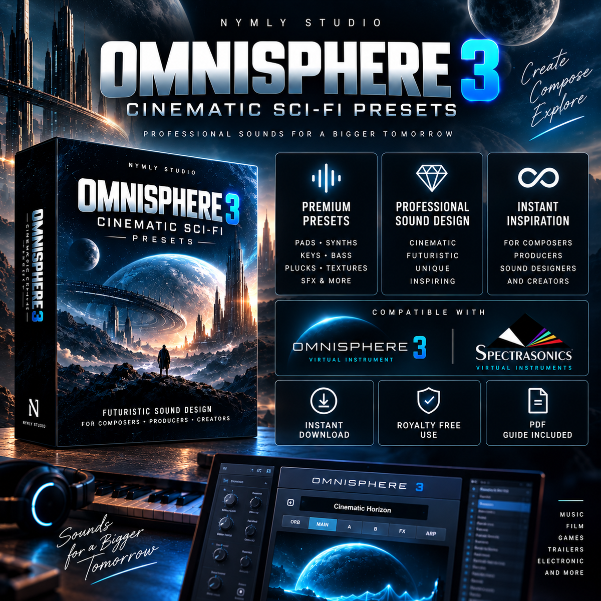 Promotional graphic for Omnisphere 3 cinematic sci-fi presets by Nymly Studio, showing a software preset pack box, feature callouts, compatibility with Omnisphere 3 and Spectracsons Virtual Instruments, and digital interface screenshots.