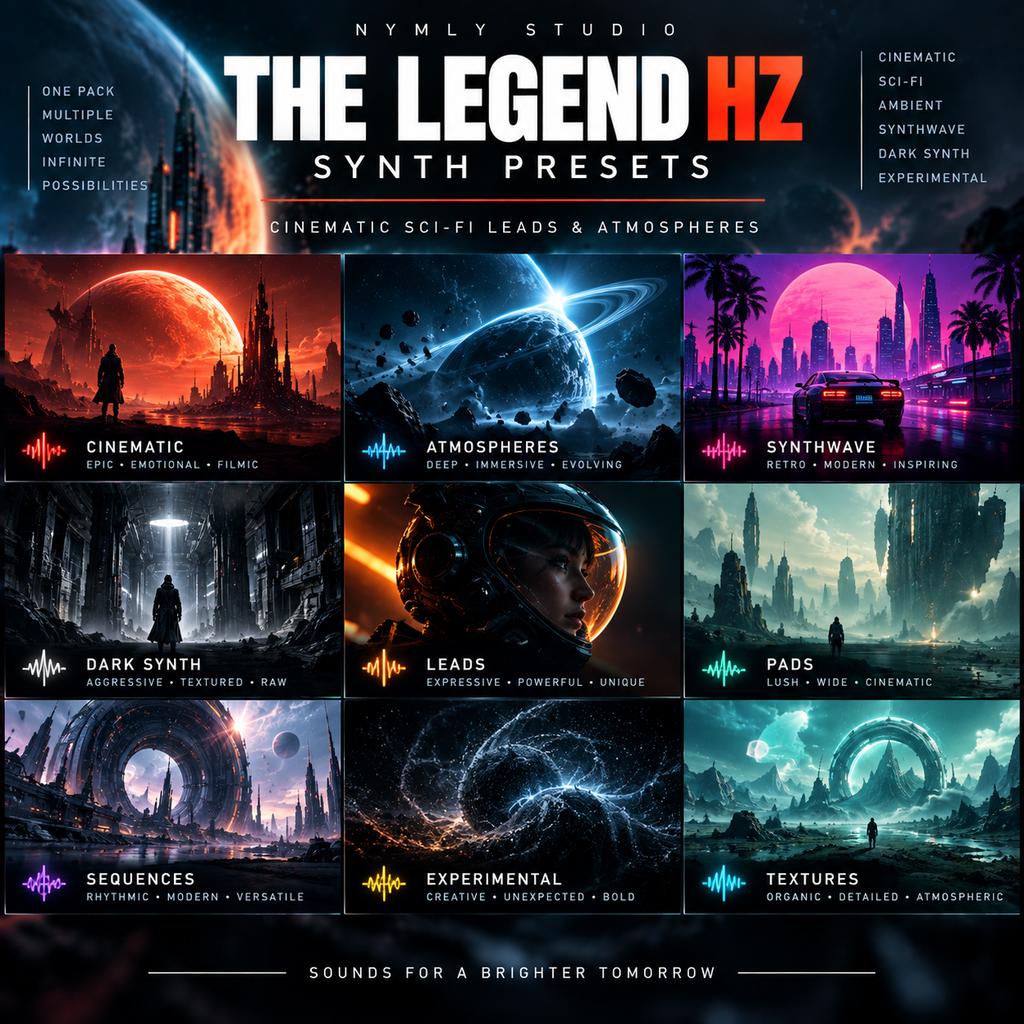 A promotional graphic for 'The Legend HZ Synth Presets' by Nymly Studio, showcasing a 3x3 grid of nine sci-fi themed audio preset covers including cinematic, atmospheres, synthswave, dark synth, leads, pads, sequences, experimental, and textures.