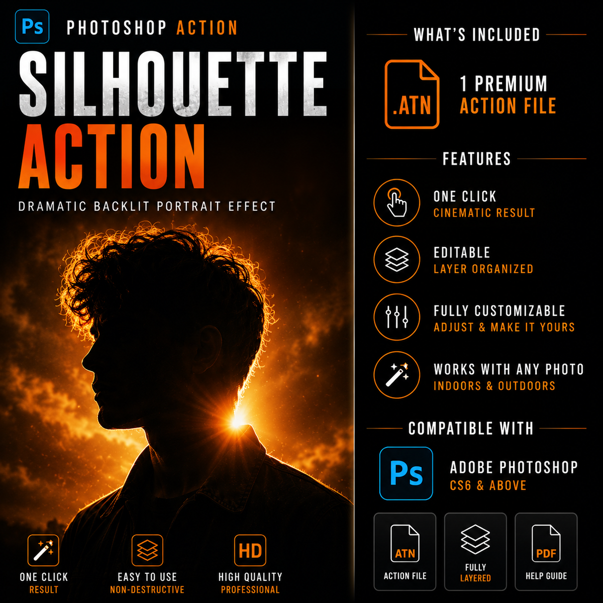 Promotional graphic for a Photoshop action file called 'Silhouette Action', showing a dramatic backlit portrait silhouette on an orange fiery background. The left side features the title in large white and orange text, and the right side lists included features such as one-click cinematic results, editable layer organization, full customization, and compatibility with Adobe Photoshop CS6 and above.