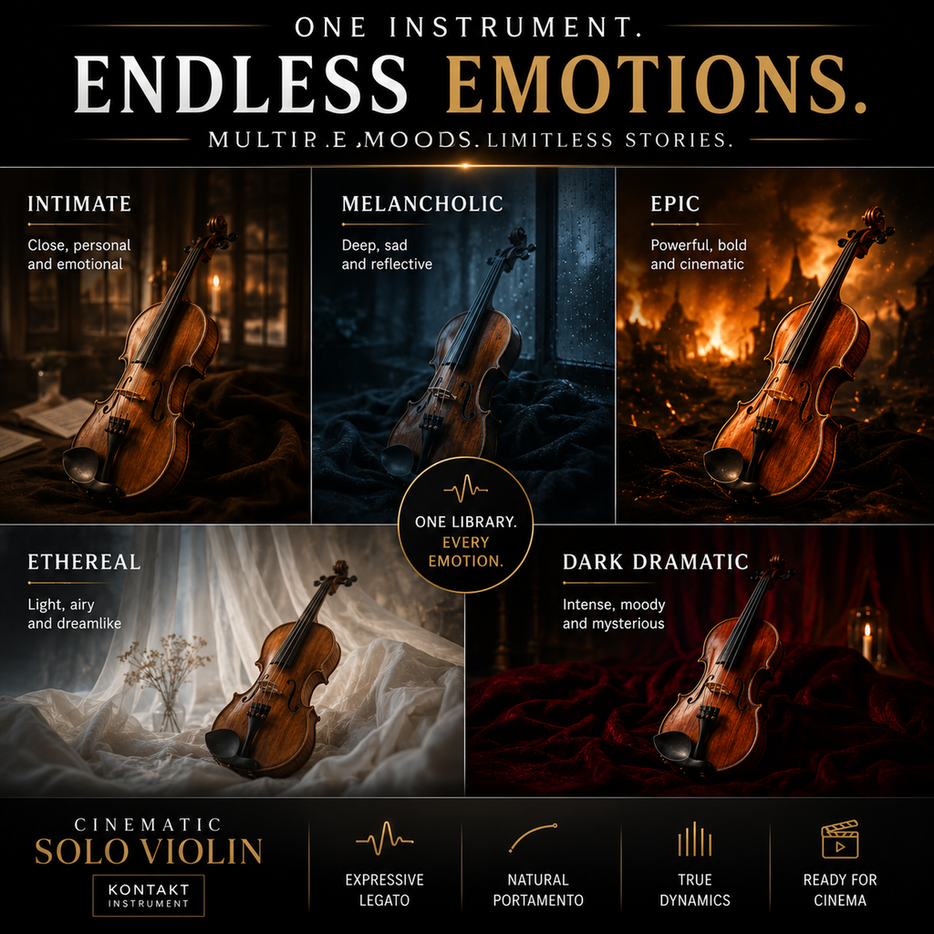 Promotional graphic for Kontakt Solo Violin, showcasing five different soundbanks categorized by mood: Intimate, Melancholic, Epic, Ethereal, and Dark Dramatic. Each category features a cinematic image of a violin in a corresponding atmospheric setting, with the text 'ENDLESS EMOTIONS.