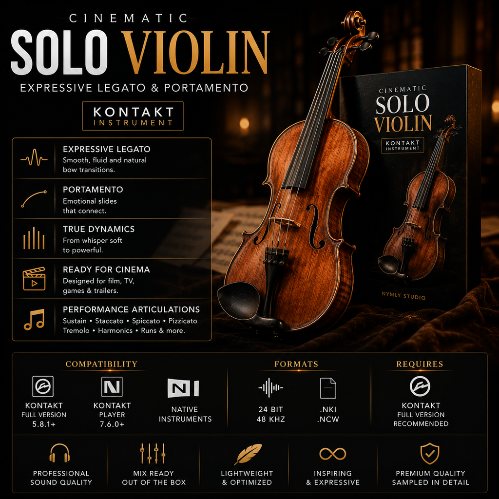 Promotional graphic for the Kontakt Solo Violin cinematic instrument, showing a large wooden violin, a smaller violin, and a branded software box on a dark textured background with feature callouts and compatibility information.