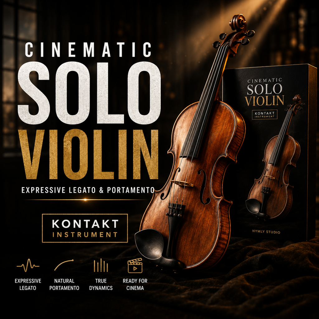 Promotional graphic for a violin sound effect or sample pack titled 'Cinematic Solo Violin' with a large wooden violin, a smaller violin silhouette, and a black product box on a dark dramatic background. Text highlights expressive legato and portamento, and mentions Kontakt Instrument.