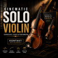 Promotional graphic for a violin sound effect or sample pack titled 'Cinematic Solo Violin' with a large wooden violin, a smaller violin silhouette, and a black product box on a dark dramatic background. Text highlights expressive legato and portamento, and mentions Kontakt Instrument.
