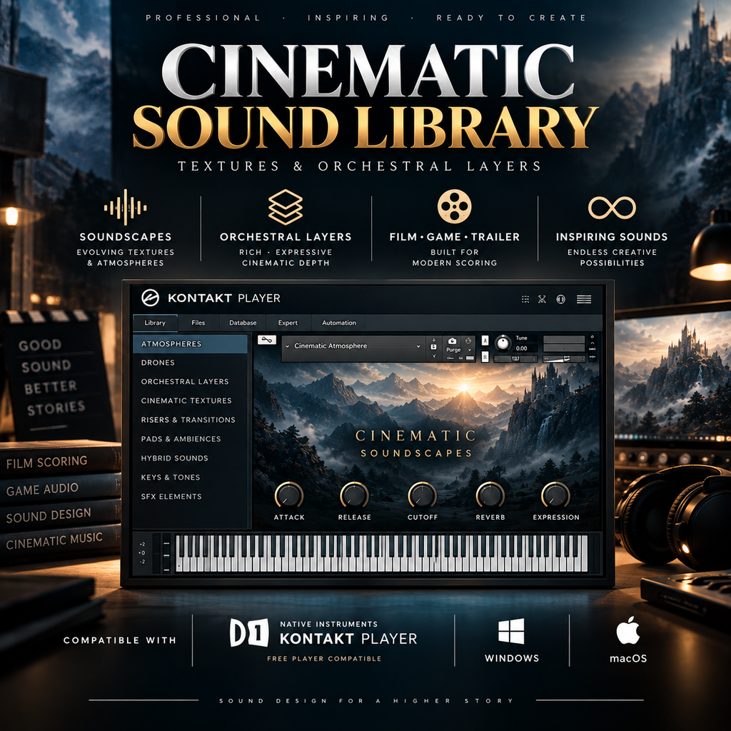 Promotional graphic for Cinematic Sound Library textures and orchestral layers, showing a Kontakt Player interface with a piano keyboard and mountain scene artwork, plus compatibility badges for Apple Device, Kontakt Player, Windows, and macOS.