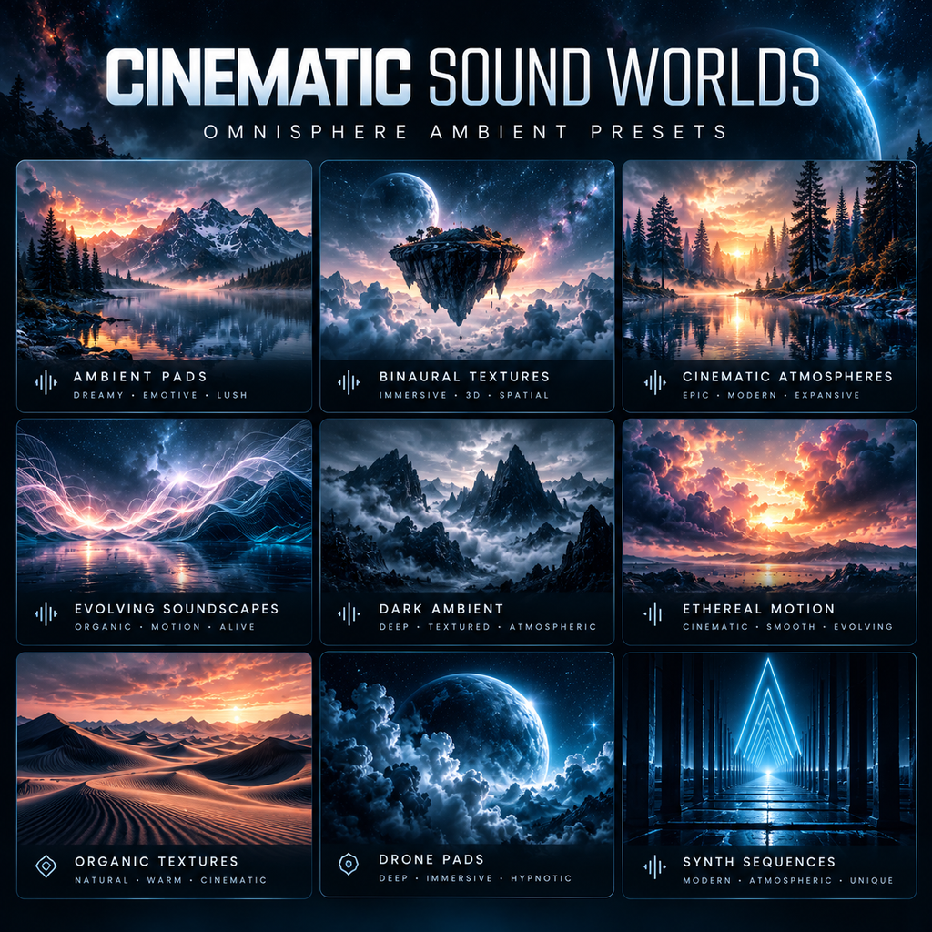 Omnisphere ambient presets featuring cinematic pads, binaural textures, dark ambient drones, evolving soundscapes, and ethereal synth sequences.