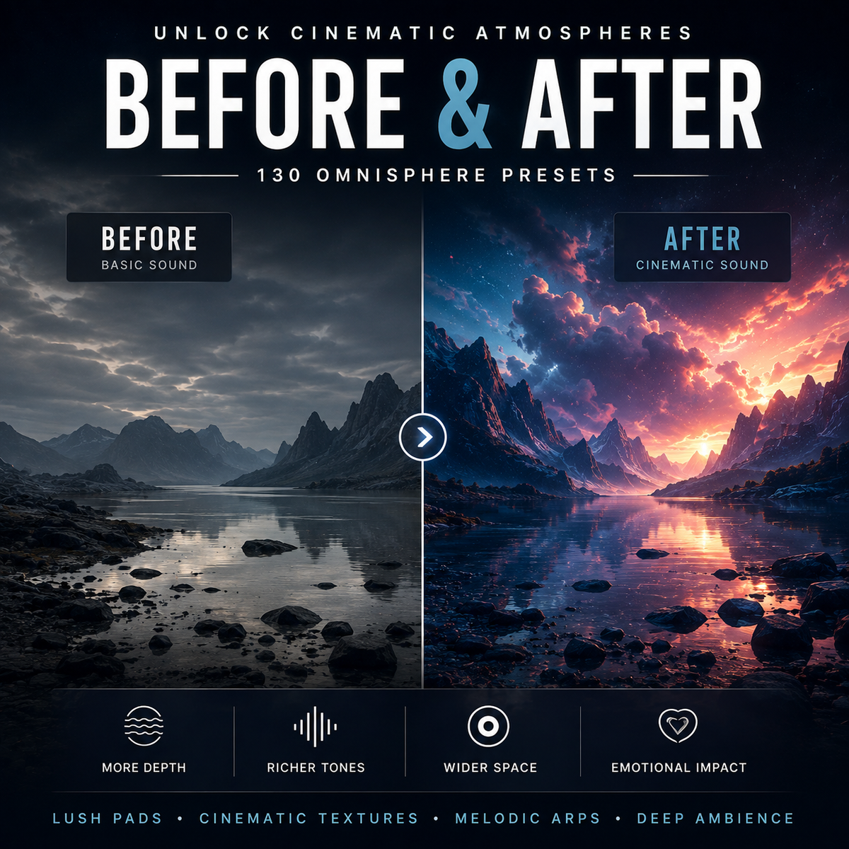 Promotional graphic for a preset pack titled 'Before & After' showing a split landscape scene: a dark, basic-toned lake and mountains on the left, and a vivid, cinematic sky and mountain scene on the right. Text reads 'Unlock Cinematic Atmospheres', 'Before & After', '130 Omnisphere Presets', and feature callouts at the bottom.