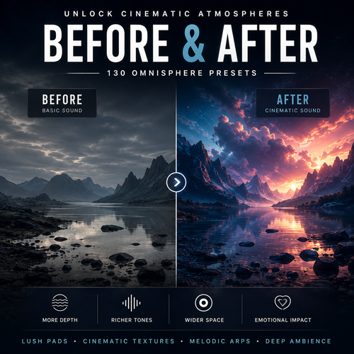 Promotional graphic for a preset pack titled 'Before & After' showing a split landscape scene: a dark, basic-toned lake and mountains on the left, and a vivid, cinematic sky and mountain scene on the right. Text reads 'Unlock Cinematic Atmospheres', 'Before & After', '130 Omnisphere Presets', and feature callouts at the bottom.