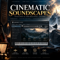 Promotional graphic for Kontakt Player cinematic soundscapes textures and orchestral layers, featuring a dark fantasy castle scene, a piano keyboard interface, and marketing text including 'Cinematic Soundscapes' and 'Kontakt Player'.