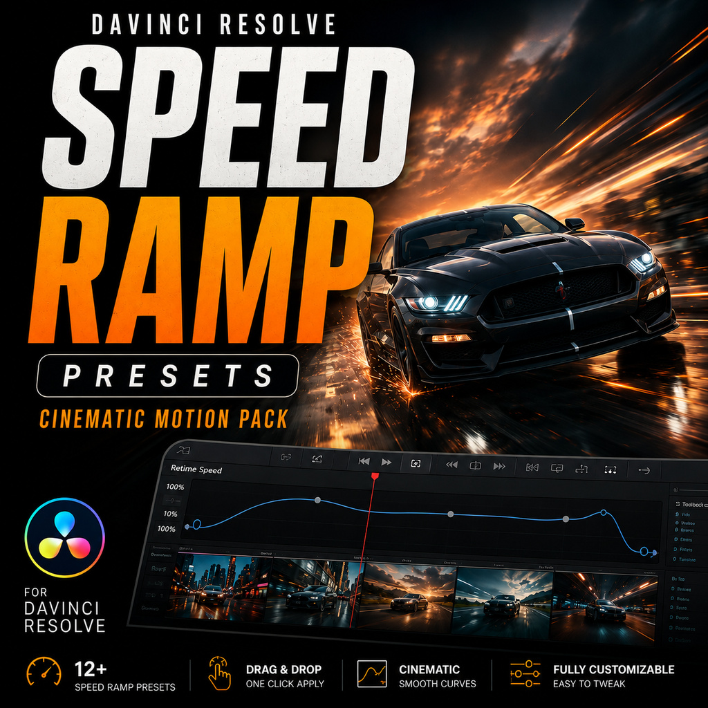 Promotional graphic for Davinci Resolve Speed Ramp Presets, showing a black sports car racing on a wet road with dramatic motion blur, a software interface preview, and feature icons on a dark background.