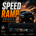 Promotional graphic for Davinci Resolve Speed Ramp Presets, showing a black sports car racing on a wet road with dramatic motion blur, a software interface preview, and feature icons on a dark background.