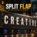 Promotional graphic for a digital After Effects script called 'Split Flap'. The image features a mechanical split-flap text display showing the word 'CREATIVE' in bold white letters on black panels.