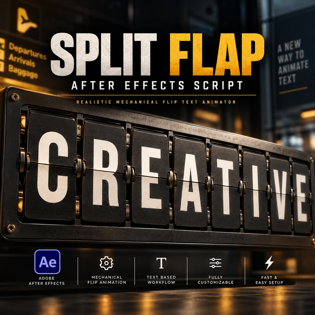 Promotional graphic for a digital After Effects script called 'Split Flap'. The image features a mechanical split-flap text display showing the word 'CREATIVE' in bold white letters on black panels.