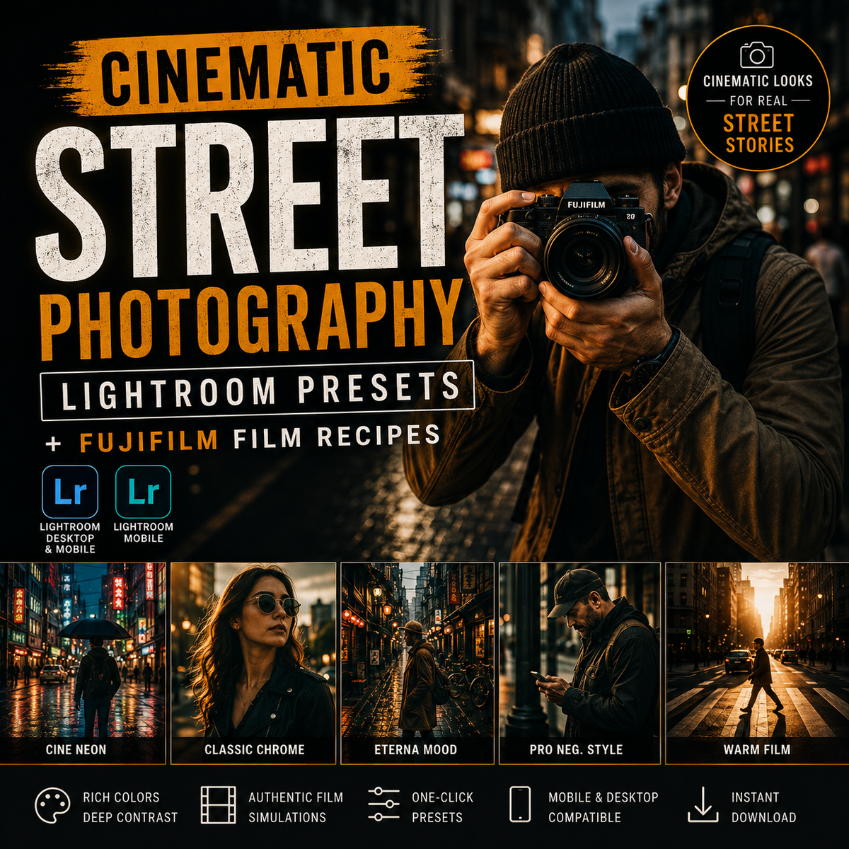 Promotional graphic for cinematic street photography Lightroom presets, featuring a bearded man holding a camera in a city at night, large title text, Lightroom and Lightroom Mobile icons, and four example photo strips with warm film tones.