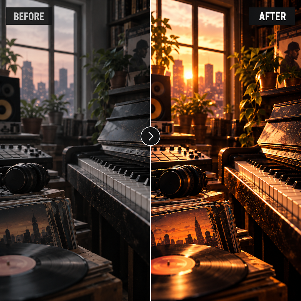 A side-by-side before/after comparison of a dimly lit room with a piano, vinyl records, plants, speakers, and a city skyline visible through the window. The left panel is dark and labeled BEFORE, while the right panel is warmly illuminated at sunset and labeled AFTER.