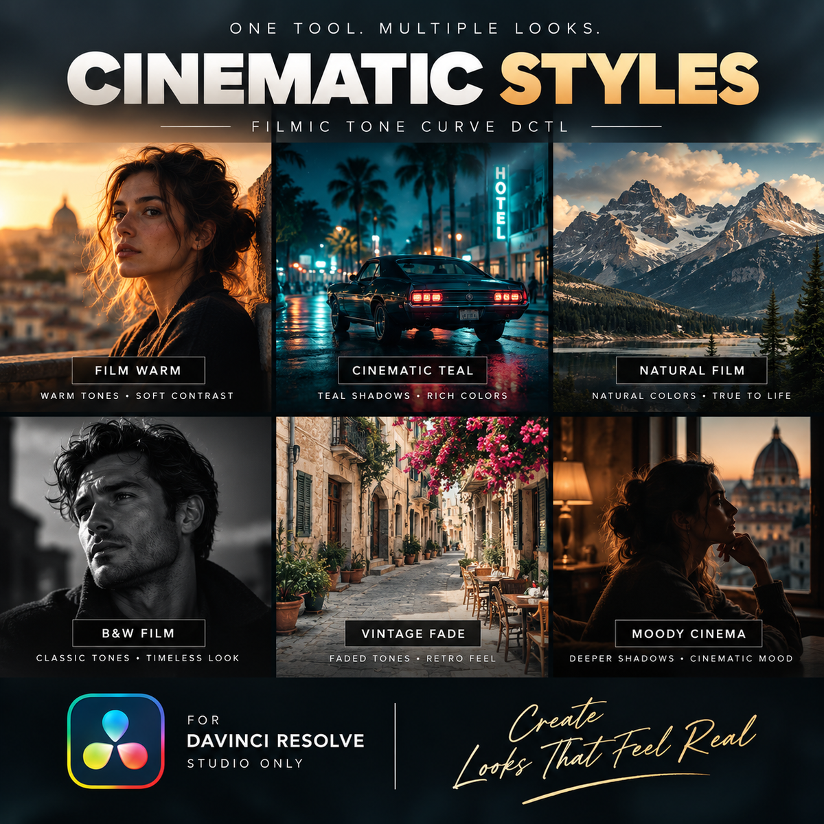 Promotional graphic for a cinematic styles DCTL file for Davinci Resolve Studio. The image features six square preview tiles showcasing different film tones: Film Warm, Cinematic Teal, Natural Film, B&W Film, Vintage Fade, and Moody Cinema.