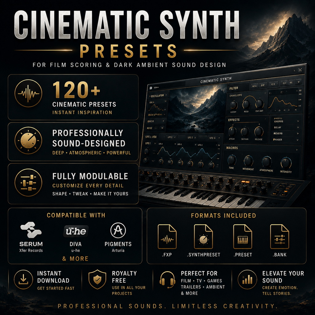Promotional graphic for Cinematic Synth Presets, featuring a dark UI mockup of a virtual synthesizer with knobs and a keyboard, surrounded by marketing text and compatibility badges on a black background.