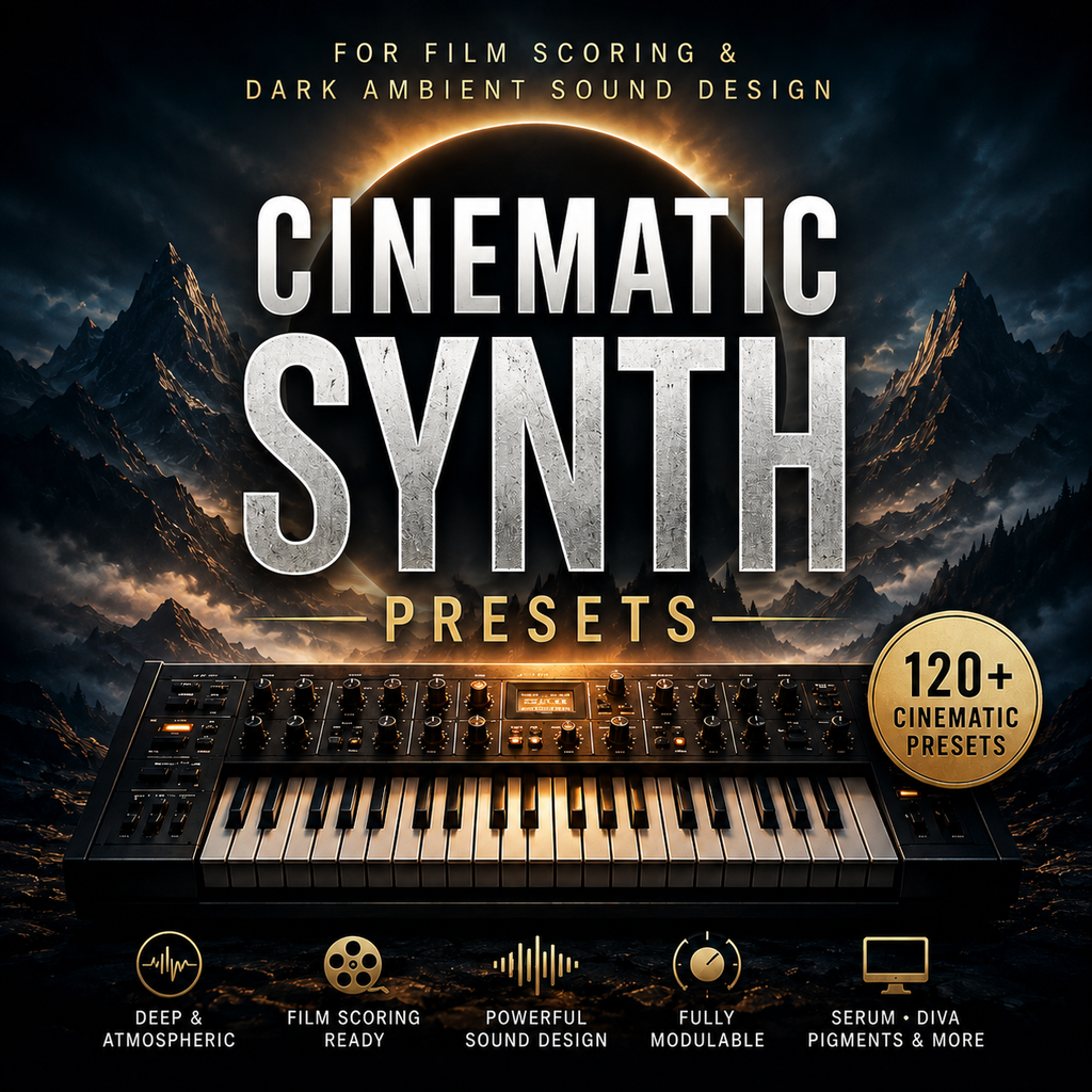 Promotional cover art for Cinematic Synth Presets, featuring a dark atmospheric mountain landscape with a large synthesizer keyboard at the bottom, bold metallic title text, and feature icons along the bottom. Text reads 'CINEMATIC SYNTH PRESETS' and '120+ CINEMATIC PRESETS'.