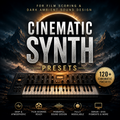Promotional cover art for Cinematic Synth Presets, featuring a dark atmospheric mountain landscape with a large synthesizer keyboard at the bottom, bold metallic title text, and feature icons along the bottom. Text reads 'CINEMATIC SYNTH PRESETS' and '120+ CINEMATIC PRESETS'.