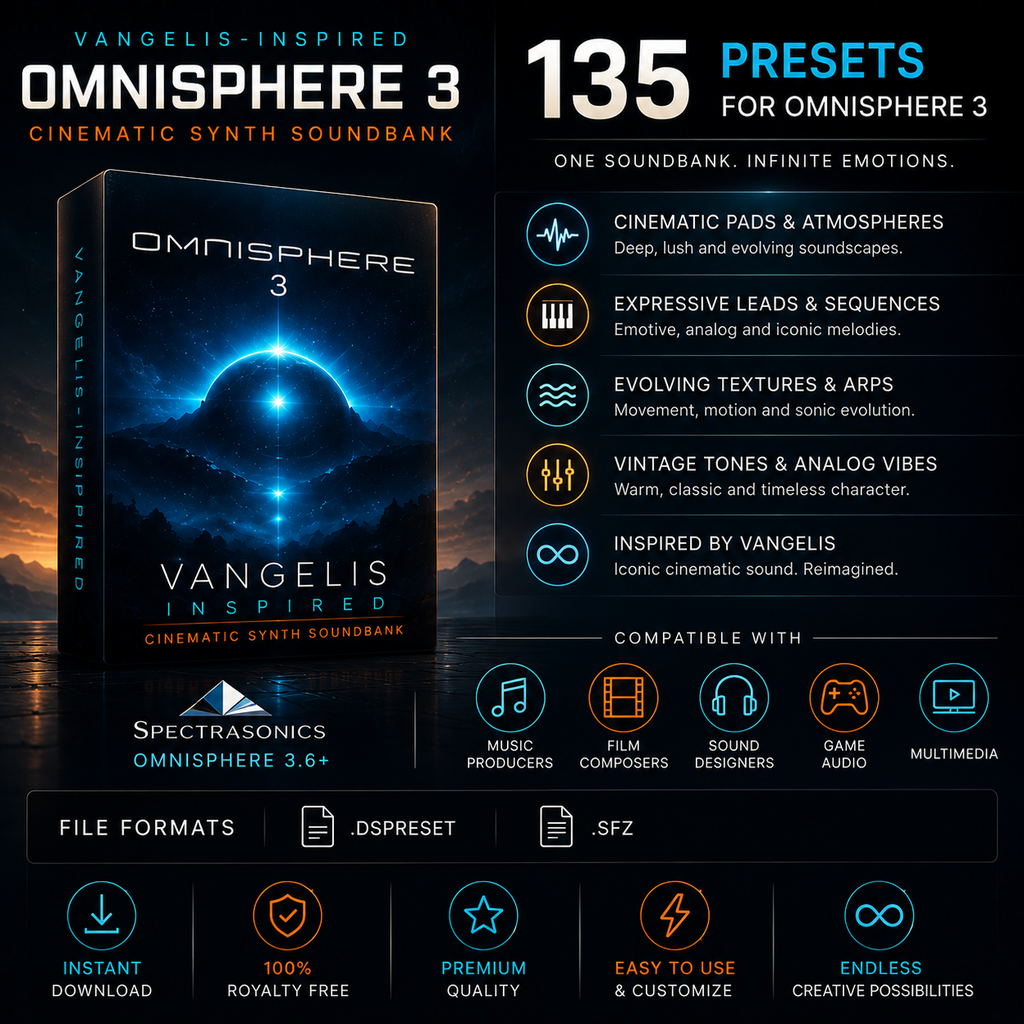 Promotional graphic for Omnisphere 3 cinematic synth soundbank presets, showing the product box cover, text reading '135 presets for omnisphere 3,' feature icons, compatibility badges, and file format labels on a dark blue gradient background.