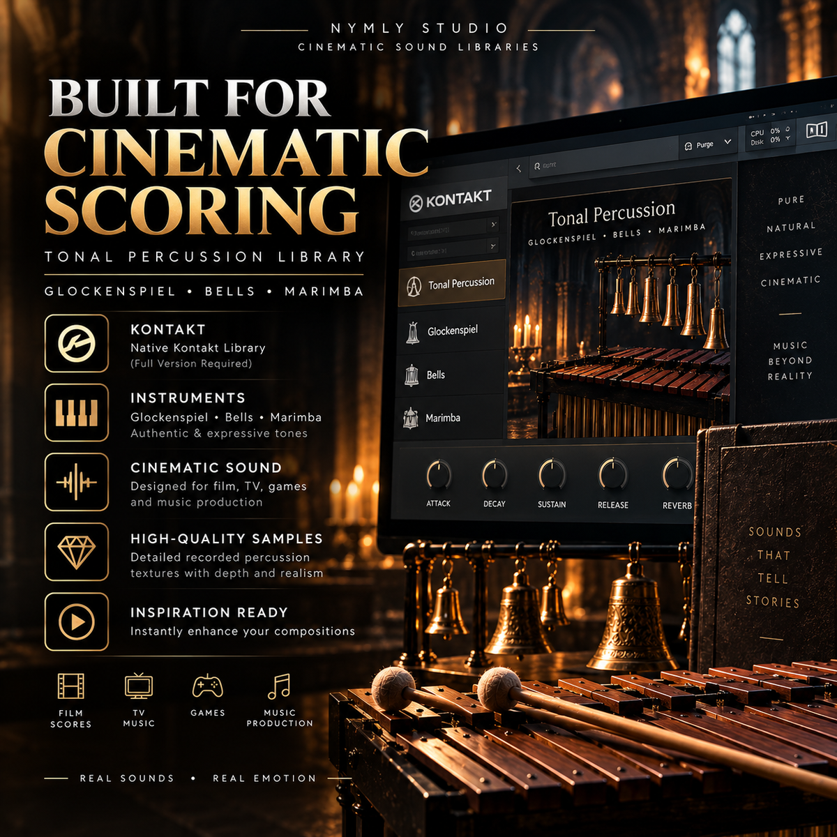 Promotional graphic for a cinematic scoring percussion library by Nymly Studio, showing a computer monitor with the Kontakt Percussion interface, large text reading 'Built for Cinematic Scoring,' and a foreground of brass percussion instruments including timpani and snare drums against a warm, dramatic stage-like background.
