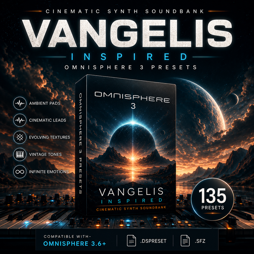 Promotional graphic for Vangelis Inspired Omnisphere 3 presets, showing a 3D software box cover in front of a dramatic sci-fi space scene with planets and glowing light effects. Text highlights ambient pads, cinematic leads, evolving textures, vintage tones, infinite emotions, and 135 presets, with Omnisphere 3.