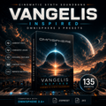 Promotional graphic for Vangelis Inspired Omnisphere 3 presets, showing a 3D software box cover in front of a dramatic sci-fi space scene with planets and glowing light effects. Text highlights ambient pads, cinematic leads, evolving textures, vintage tones, infinite emotions, and 135 presets, with Omnisphere 3.