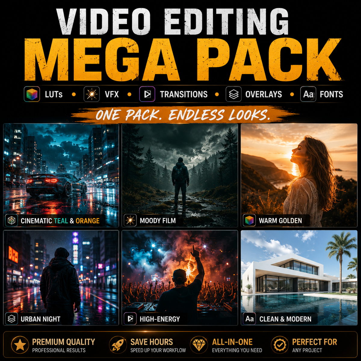 Promotional graphic for a video editing mega pack, featuring a grid of six example preset packs (Cinematic Teal & Orange, Moody Film, Warm Golden, Urban Night, High-Energy, Clean & Modern) with icons for LUTs, VFX, Transitions, Overlays, and Fonts.