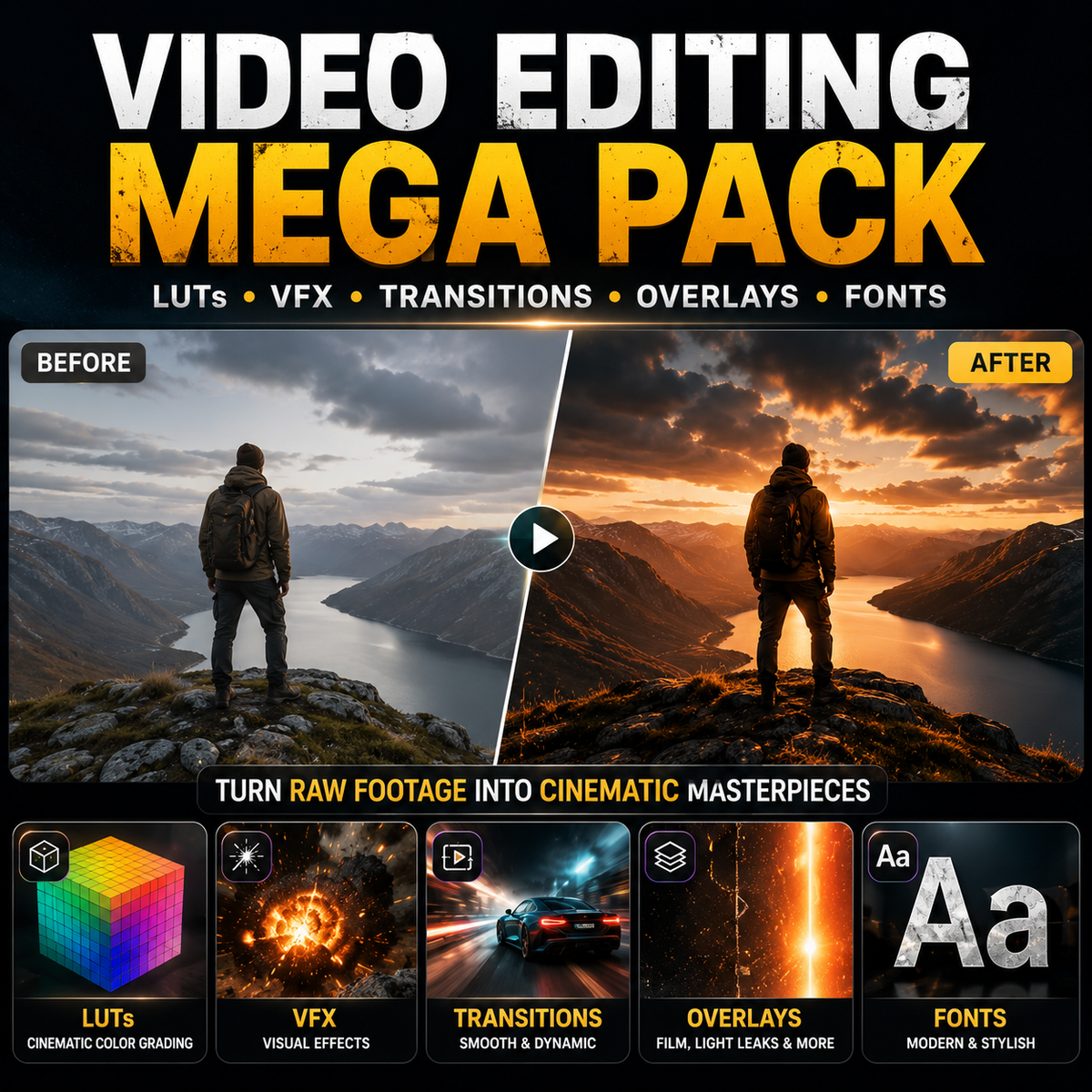 Promotional graphic for a video editing mega pack, showing a before-and-after split screen with cinematic mountain landscapes, a play icon in the center, and feature icons for LUTs, VFX, transitions, overlays, and fonts.