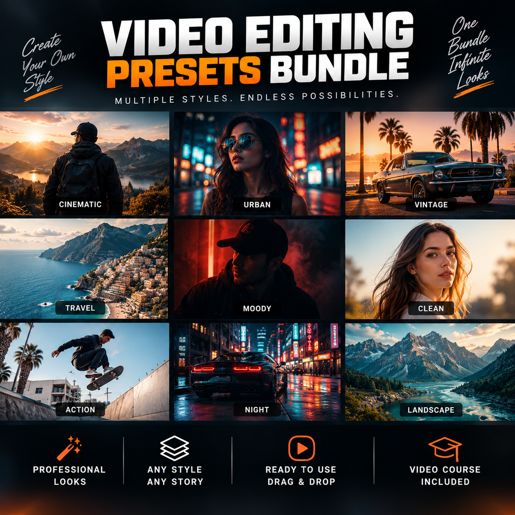 Video editing presets bundle showing cinematic, urban, vintage, travel, moody, night, and landscape styles.