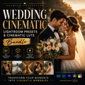 Promotional graphic for a digital preset bundle titled 'Wedding Cinematic' for Lightroom. The design features a romantic wedding scene of a bride and groom embracing, with warm golden-hour lighting.