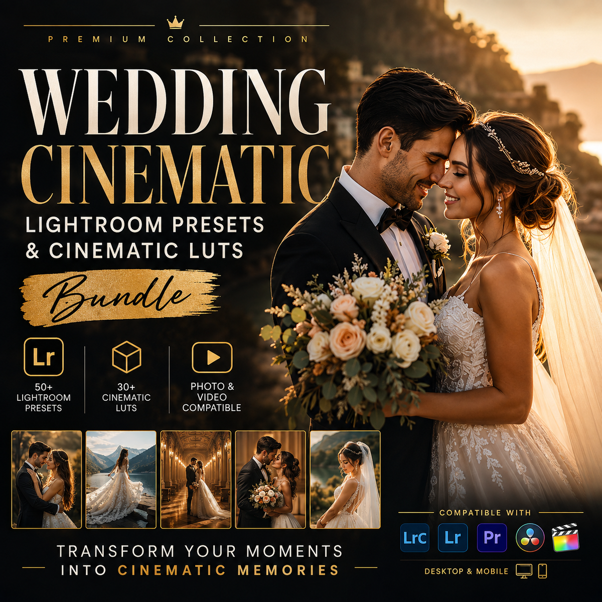 Promotional graphic for a digital preset bundle titled 'Wedding Cinematic' for Lightroom. The design features a romantic wedding scene of a bride and groom embracing, with warm golden-hour lighting.