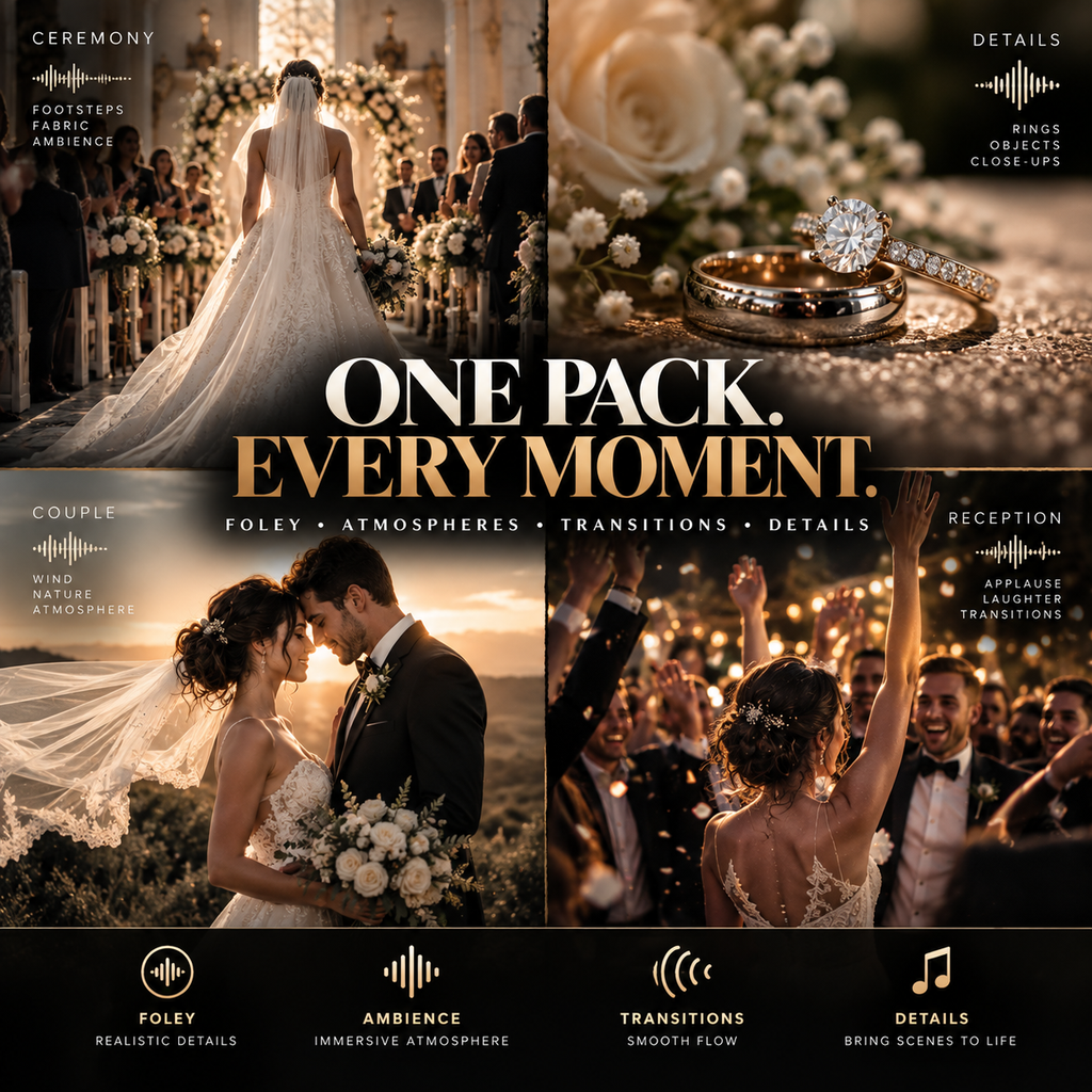 A collage-style promotional graphic for a wedding-themed audio pack, showing four square photos: a bride from behind at a ceremony, a close-up of an engagement ring, a couple embracing, and a reception scene. Large centered text reads 'ONE PACK.