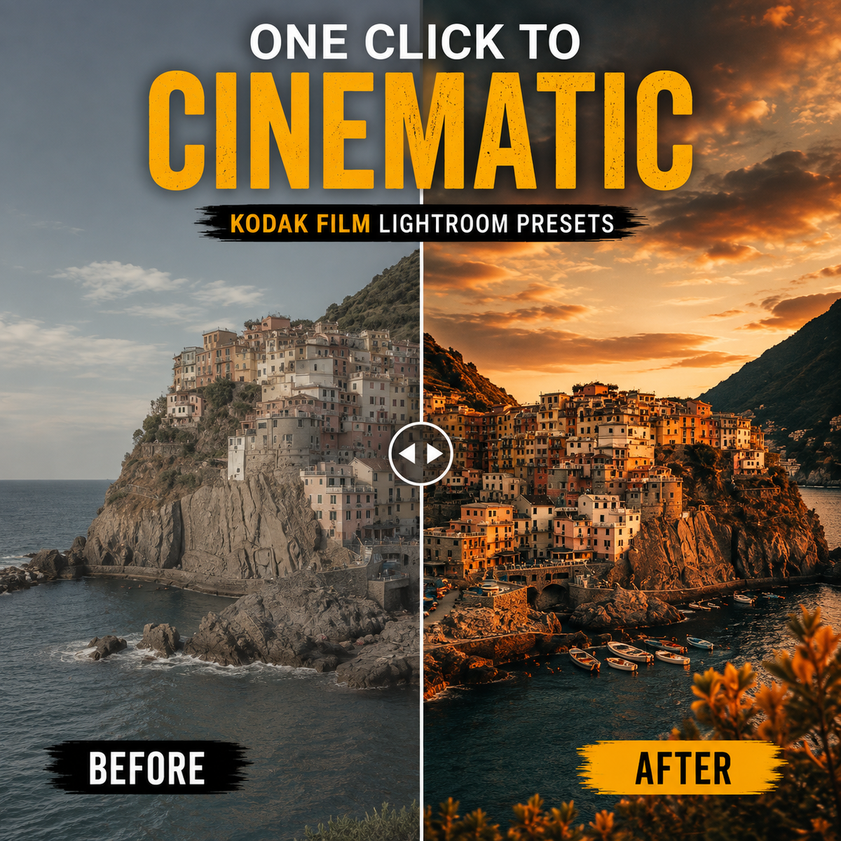 Promotional graphic for Lightroom presets showing a coastal cliffside town split into a before/after cinematic comparison. Large text reads 'ONE CLICK TO CINEMATIC' and 'KODAK FILM LIGHTROOM PRESETS,' with 'BEFORE' on the left and 'AFTER' on the right.