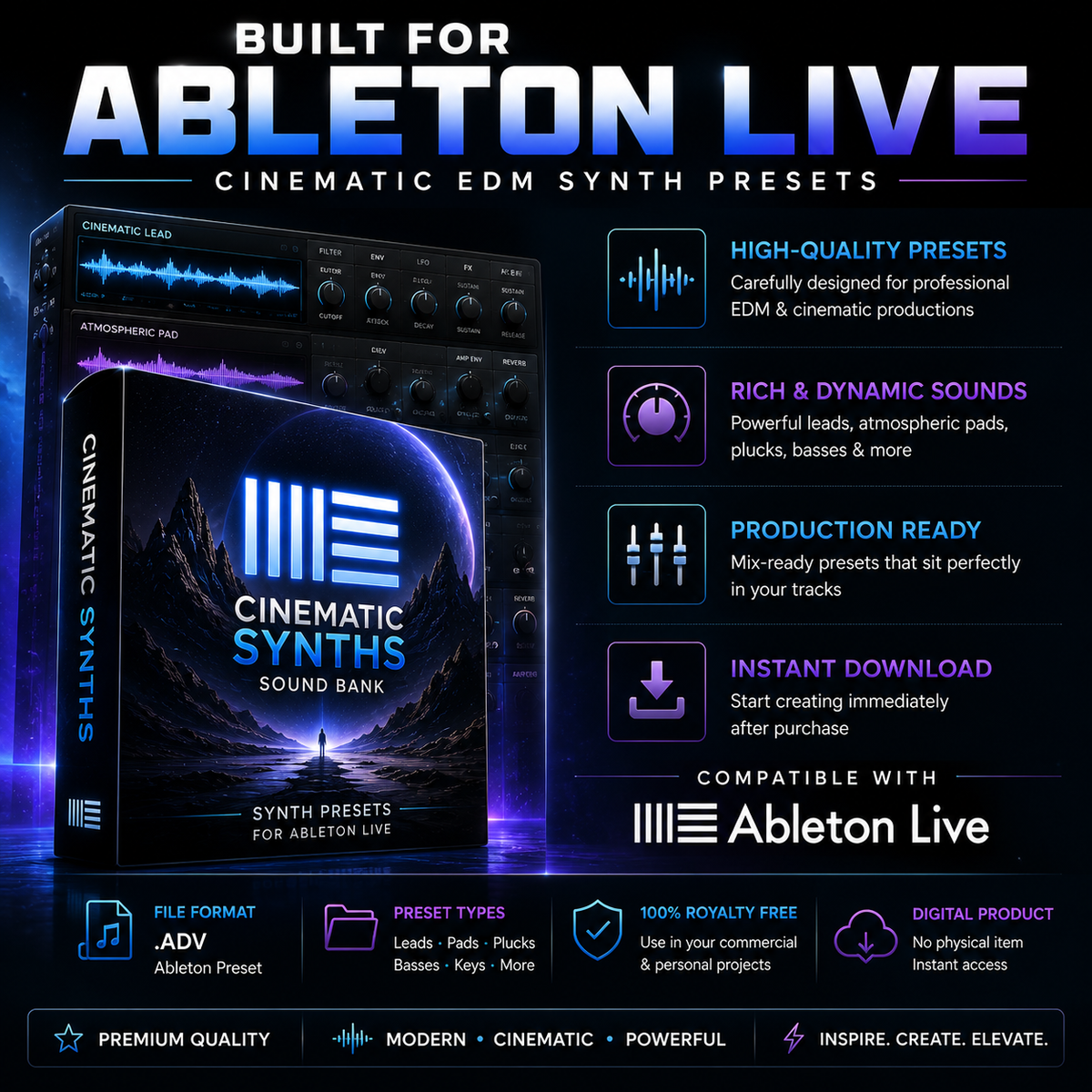 Ableton Live cinematic EDM synth presets featuring high-quality sounds, production-ready presets, and instant digital download.