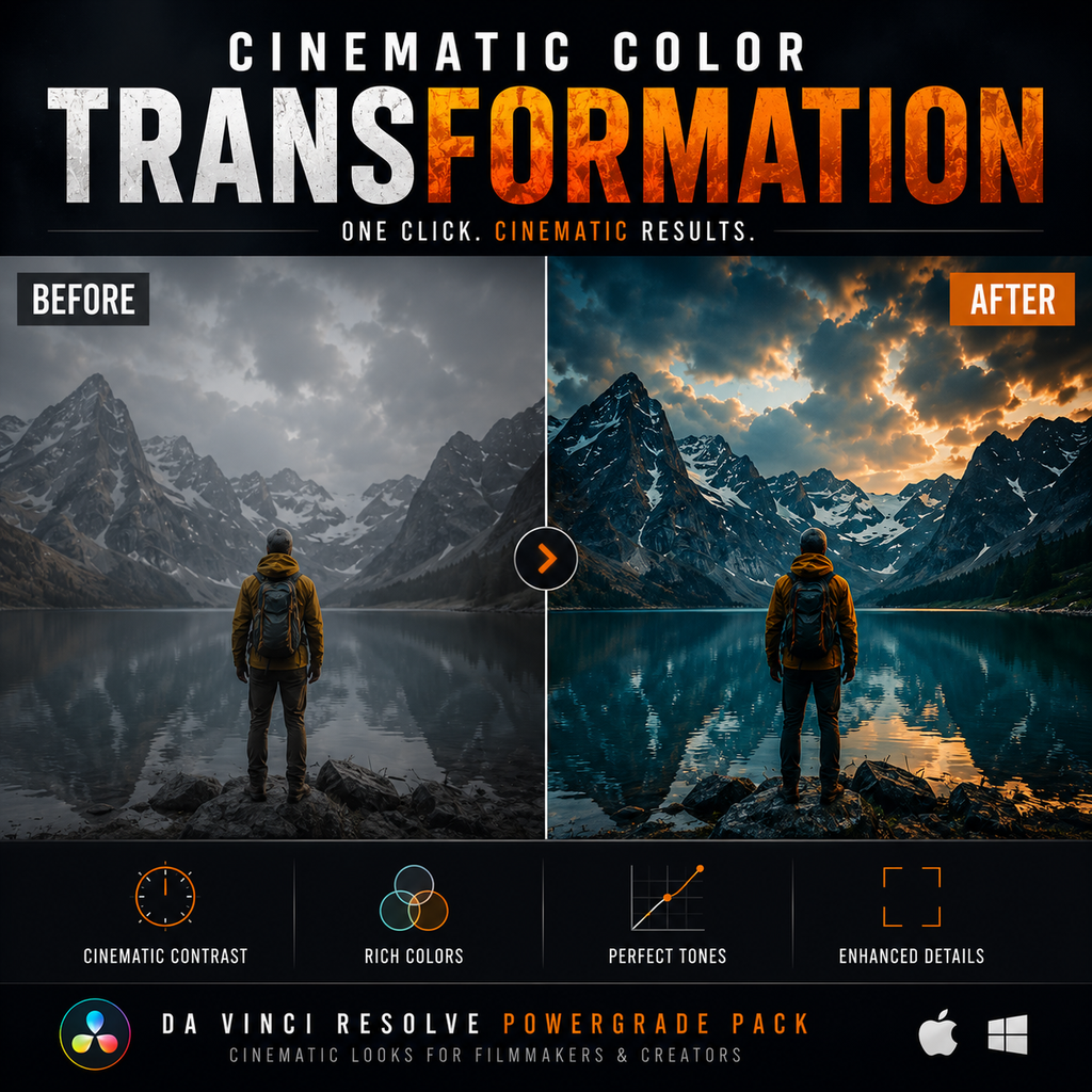 Cinematic color grading PowerGrades for DaVinci Resolve video editing