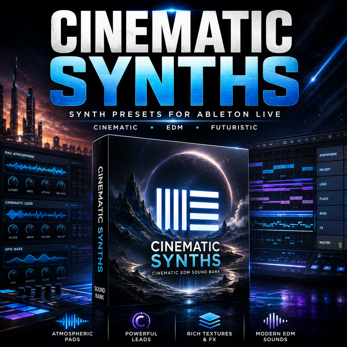 Cinematic synth presets for Ableton Live featuring futuristic EDM sounds, atmospheric pads, powerful leads, and rich textures.