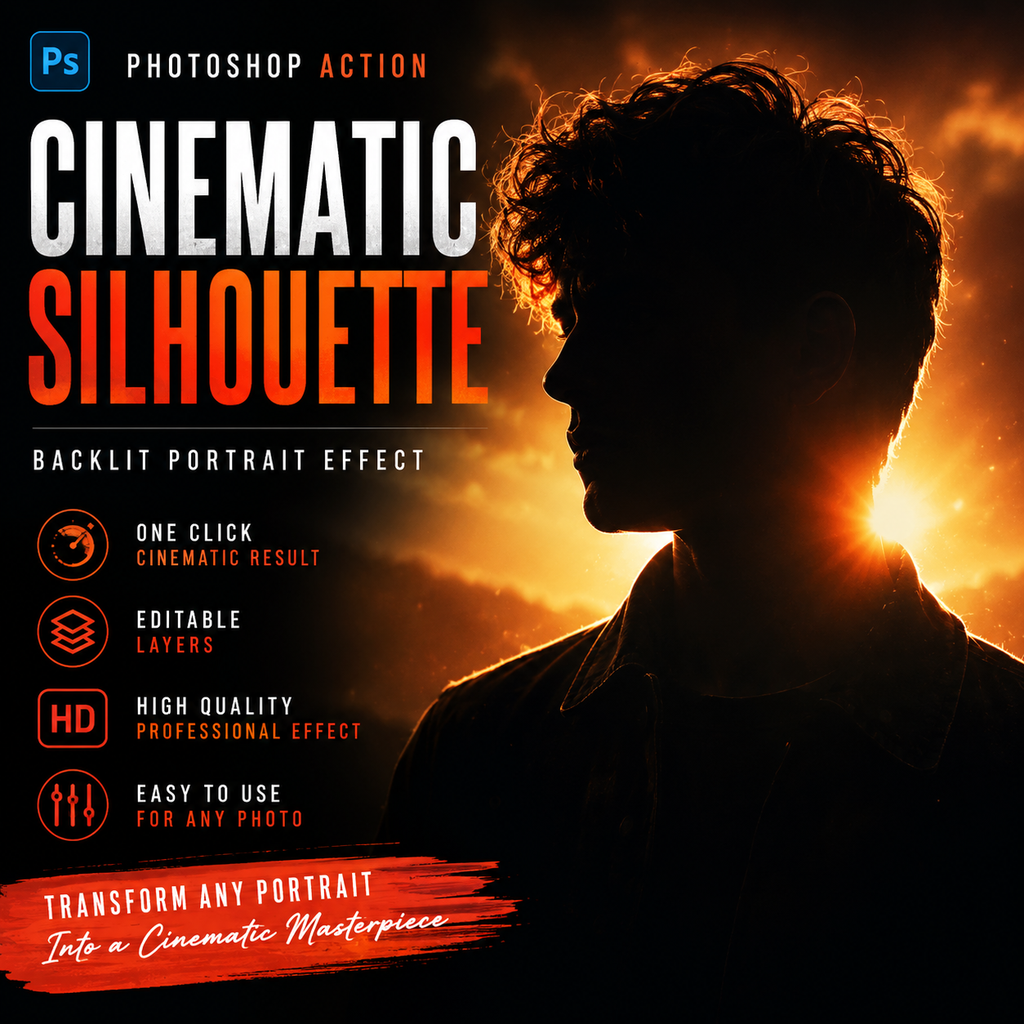 Promotional graphic for a Photoshop action effect called 'Cinematic Silhouette'. The design features a dark silhouette of a person in profile against a dramatic orange and yellow glowing sunset sky.