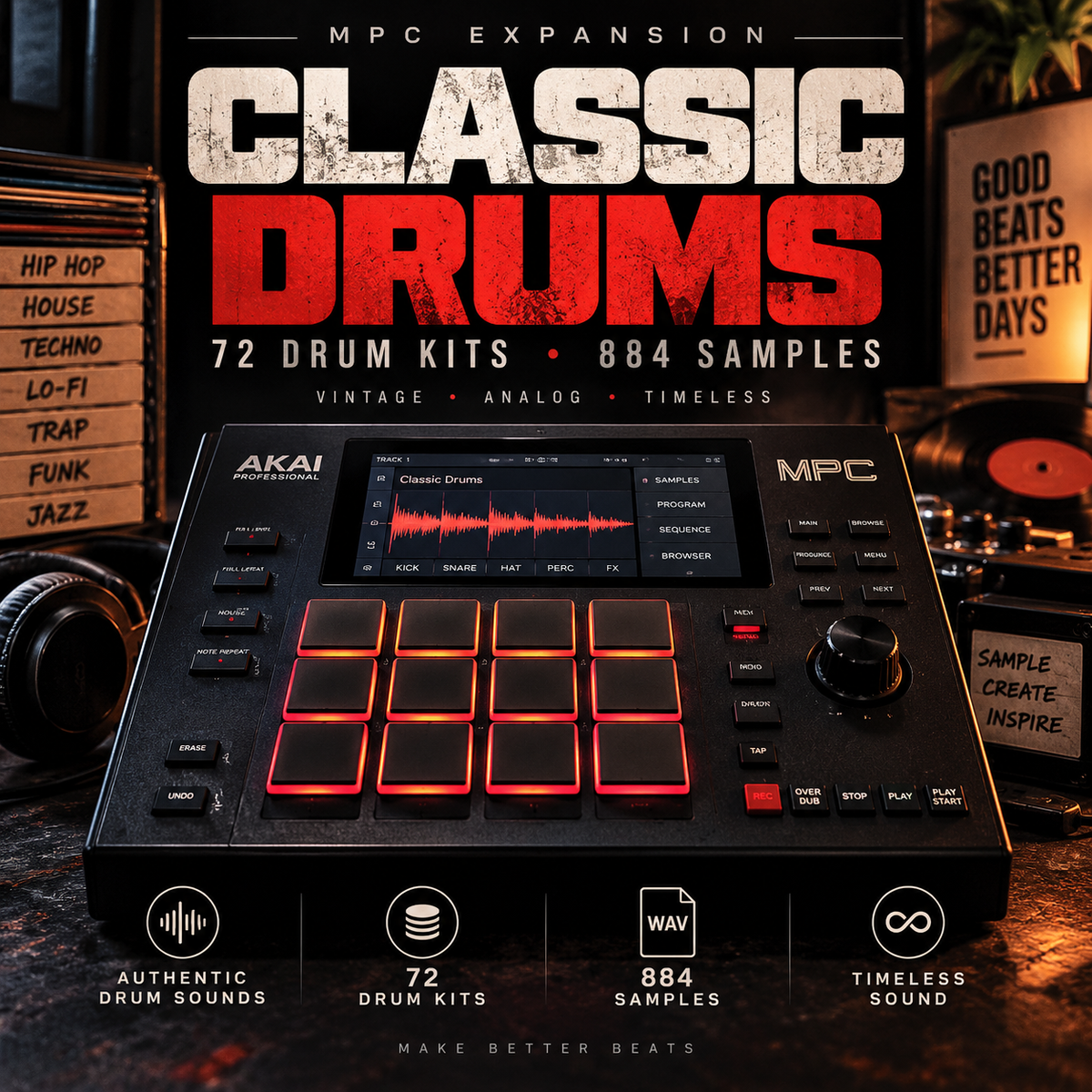 Akai MPC Expansion Classic Drums software sampler hardware shown in a styled studio setup with a large promotional poster behind it. The black MPC device has red-lit drum pads and visible Akai branding on the front.