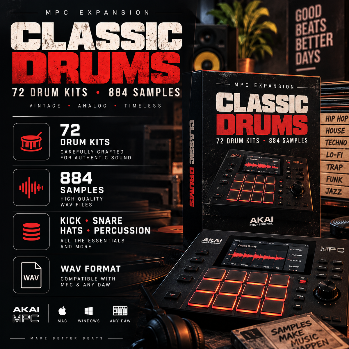 Promotional graphic for the 'Classic Drums' MPC Expansion bundle, showing the retail box, a MIDI controller with glowing red pads, headphones, and text highlighting 72 drum kits, 884 samples, and compatibility with Akai MPC, Akai, Apple, and Windows.