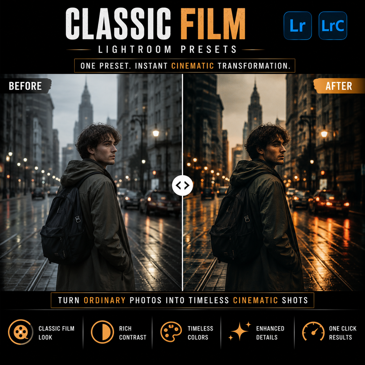 Promotional graphic for Classic Film Lightroom presets, showing a split-screen before/after cinematic photo edit on a dark background with Lightroom and Lightroom Classic logos.