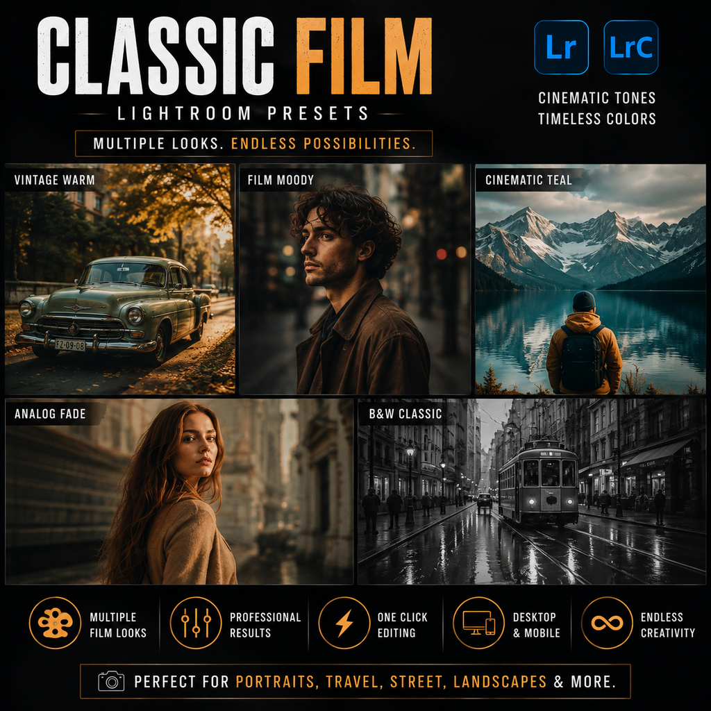 Promotional graphic for Classic Film Lightroom Presets, showing six example photo panels with vintage and cinematic tones, plus Lightroom and Lightroom Classic logos and feature icons.