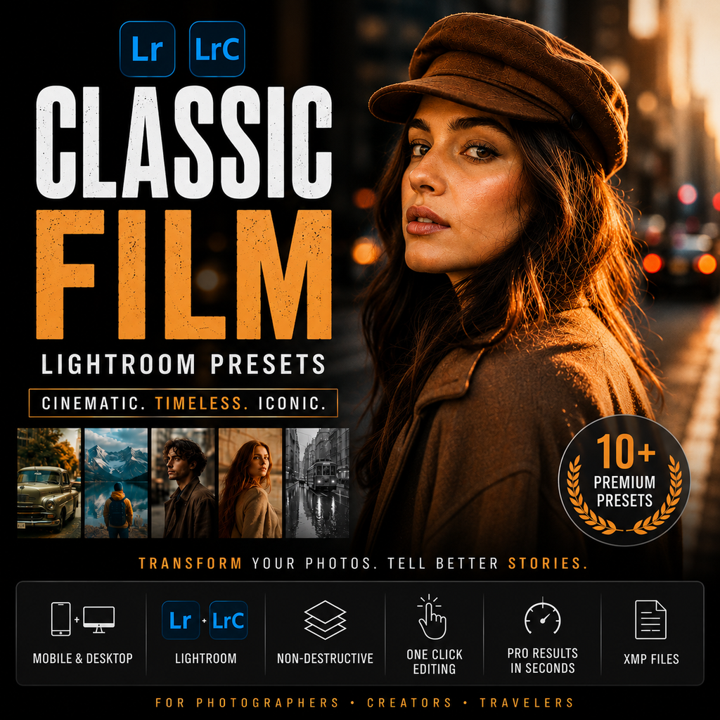 Promotional graphic for Classic Film Lightroom Presets, featuring a woman in a brown hat and coat against a warm-toned city street at night. Large text reads 'CLASSIC FILM' with 'LIGHTROOM PRESETS' below, plus badges for Lr and LrC and a '10+ Premium Presets' seal.