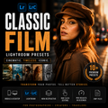 Promotional graphic for Classic Film Lightroom Presets, featuring a woman in a brown hat and coat against a warm-toned city street at night. Large text reads 'CLASSIC FILM' with 'LIGHTROOM PRESETS' below, plus badges for Lr and LrC and a '10+ Premium Presets' seal.