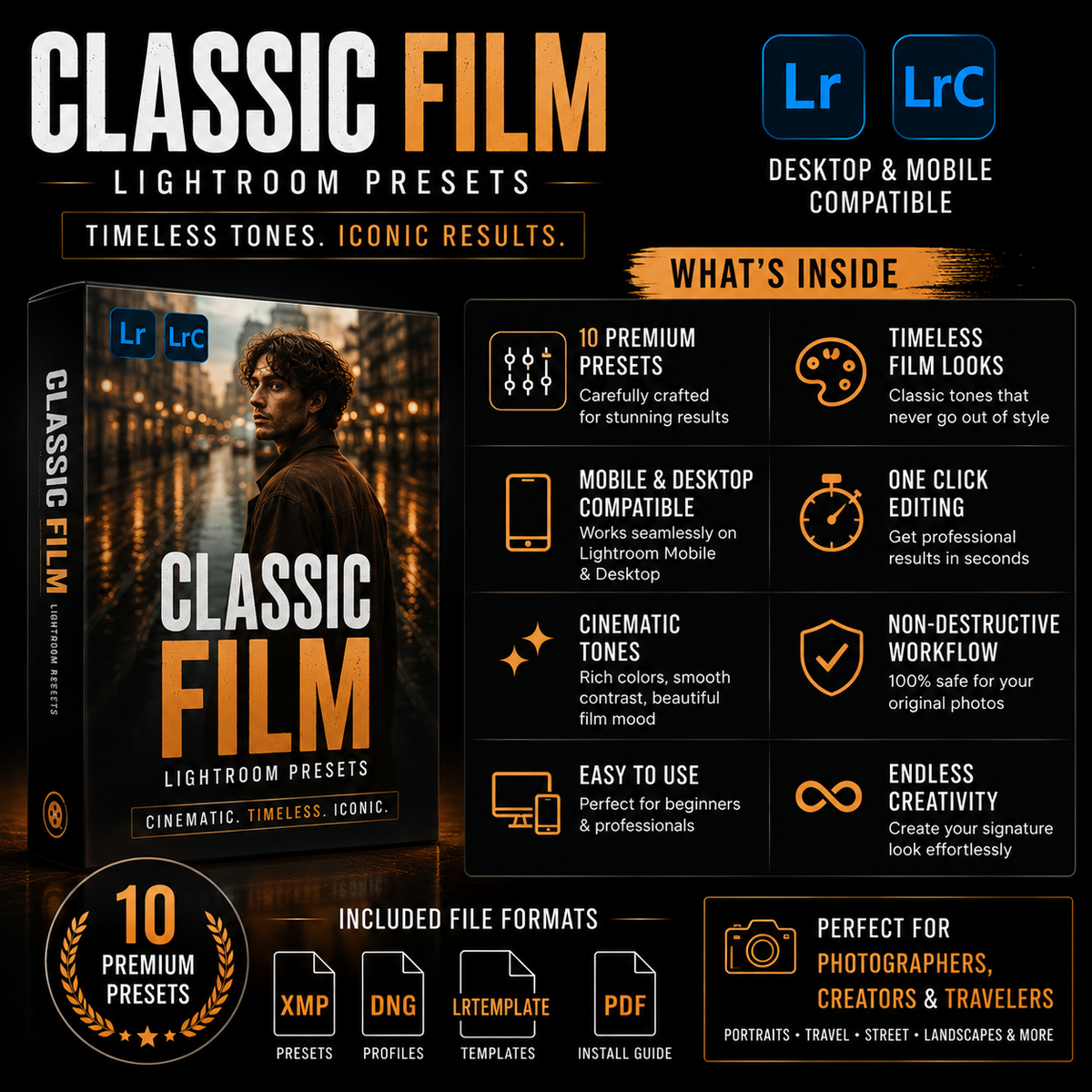Promotional graphic for Classic Film Lightroom presets, showing a dark cinematic design with the title 'CLASSIC FILM', compatibility badges for Lightroom and Lightroom Mobile, feature callouts, and file format icons for XMP, DNG, Template, PDF, and MP4.